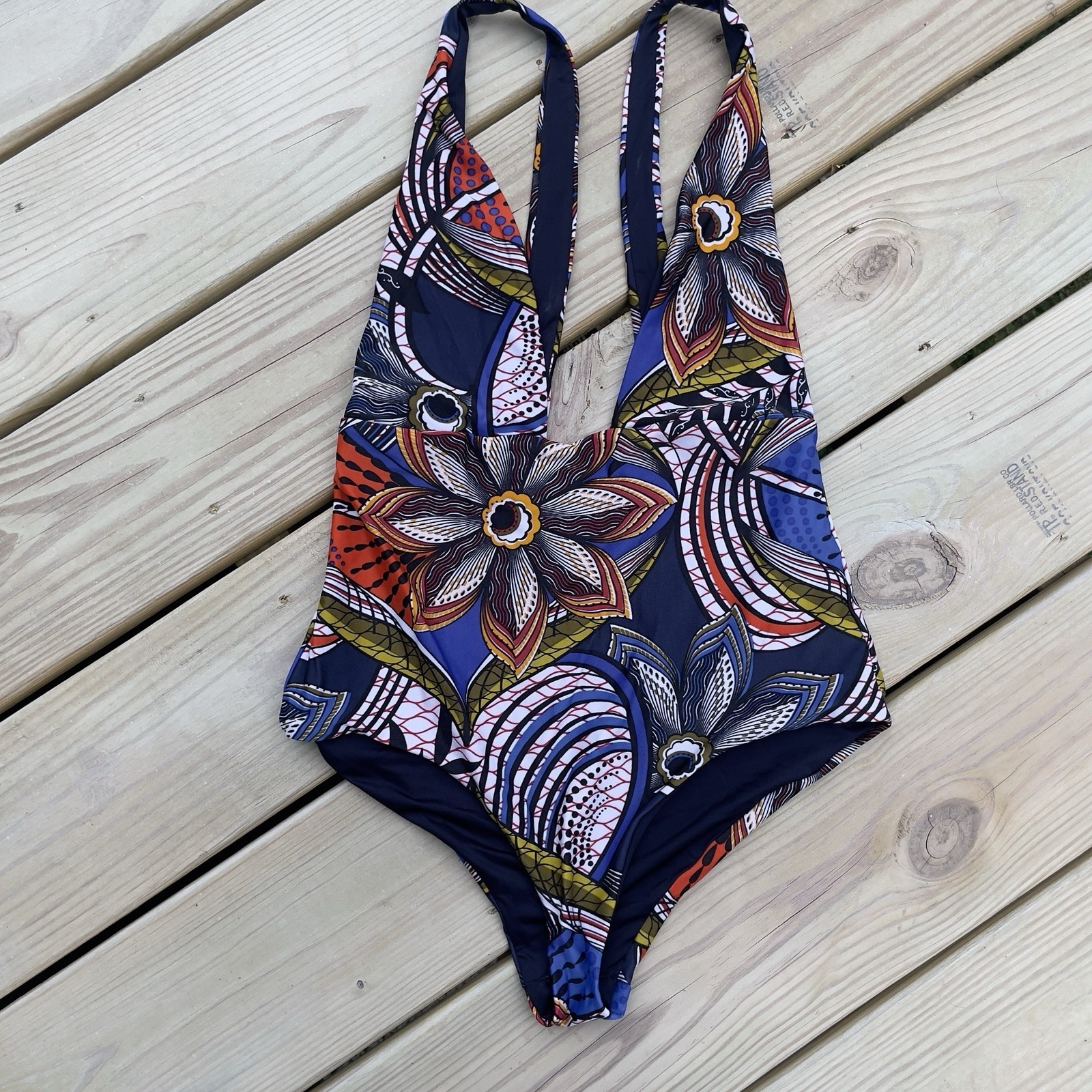 Zara Bodysuit Swimsuit Low Cut Plunge V Neck Sexy Moroccan Floral Blue Sz S Euc
